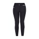 Schwarze enganliegende Leggings mit einem Knopfverschluss und weißen Paspel-Details an den Taschen.