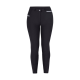 Schwarze enganliegende Leggings mit einem Knopfverschluss und weißen Paspel-Details an den Taschen.