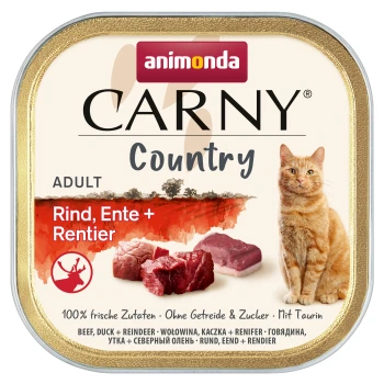Dose Katzenfutter mit goldenem Rand, mit einer getigerten Katze, rohen Fleischstücken und dem Text 'Animonda Carny Country Adult Rind, Ente + Rentier.'