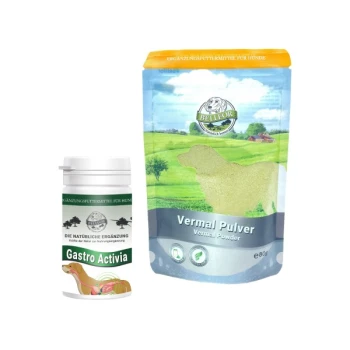 Zwei Nahrungsergänzungsmittel für Hunde: ein weißer Behälter mit der Aufschrift "Gastro Activia" und ein blauer Beutel mit der Aufschrift "Vermal Pulver" mit einer Hundesilhouette.