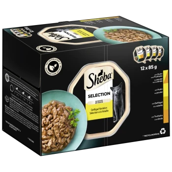 Sheba Katzenfutter-Auswahlpack mit 12 x 85g Schalen in Sauce, mit Geschmacksrichtungen wie Huhn und Truthahn, und einem Bild einer Katze.