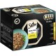 Sheba Katzenfutter-Auswahlpack mit 12 x 85g Schalen in Sauce, mit Geschmacksrichtungen wie Huhn und Truthahn, und einem Bild einer Katze.