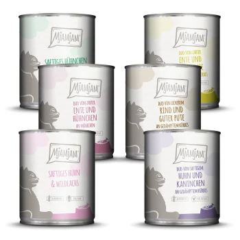 Nassfutter Katze Adult, Mixpaket 6x800 g Mixpaket 1 Sechs Dosen Mjamjam Haustierfutter mit verschiedenen Geschmacksrichtungen: Huhn, Ente, Kaninchen und Rind, mit bunten Etiketten und Illustrationen.