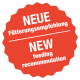 Rotes Abzeichen mit weißem Text, der "NEUE Fütterungsempfehlung" und "NEW feeding recommendation" für Haustierfutter angibt.