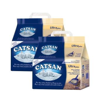 Ultra plus Klumpstreu 2x10 l Zwei Pakete Catsan Ultra Plus Katzenstreu mit einem blauen und beigen Design und einer schlafenden Katze Grafik, beschriftet in mehreren Sprachen.