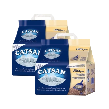 Twee pakketten Catsan Ultra Plus kattenbakvulling, met een blauw en beige ontwerp met een slapende kat grafiek, gelabeld in meerdere talen.