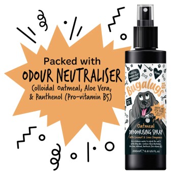 Haferflocken-Deodorantspray für Haustiere in einer schwarzen Flasche mit einem Cartoon-Hund, neutralisiert Gerüche mit kolloidalem Hafer und Aloe Vera.
