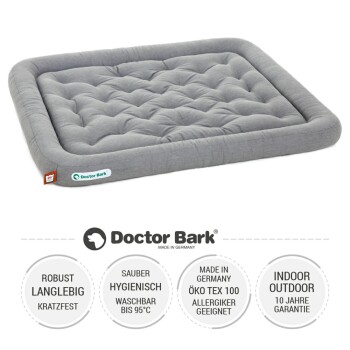 Grau Haustierbett mit gepolstertem Design, beschriftet mit "Doctor Bark," mit Text über Haltbarkeit, Hygiene, Waschbarkeit und Allergietauglichkeit.