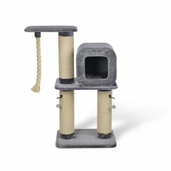 Grauer Katzenbaum mit einem gemütlichen würfelförmigen Versteck, zwei mit Seil umwickelten Kratzpfosten und einer oberen Plattform mit einem baumelnden Seilspielzeug.