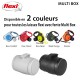 Image de laisses flexi pour chiens de différentes couleurs (bleu, rouge, noir, vert néon, orange) avec deux conteneurs Multi Box en blanc et noir.