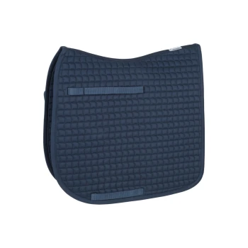 Navyblauer, gesteppten Sattelunterlage mit zwei verstellbaren Riemen für eine sichere Befestigung, vor einem weißen Hintergrund präsentiert.