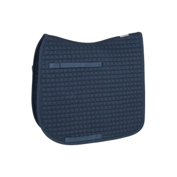 Navyblauer, gesteppten Sattelunterlage mit zwei verstellbaren Riemen für eine sichere Befestigung, vor einem weißen Hintergrund präsentiert.