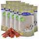 Eine Anzeige mehrerer Beutel Lyra Pet natürliche Hundeleckerlis, mit einem Haufen Jerky-Streifen davor.