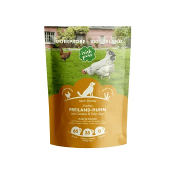 "Irish Pure Hundefutterpaket für Erwachsene, mit 65% Fleisch und 35% Gemüse, beschriftet mit Huhn und Seetang."
