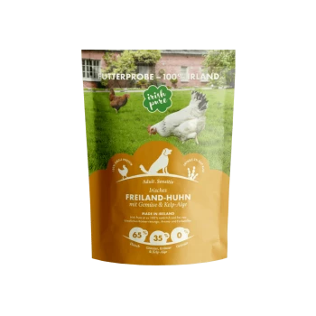 "Irish Pure Hundefutterpaket für Erwachsene, mit 65% Fleisch und 35% Gemüse, beschriftet mit Huhn und Seetang."