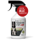 Flasche von REAVET Parasiten Stop Akut, ein 500 ml Spray für Hunde, mit einem Bild eines schwarz-weißen Hundes, mit einem roten Etikett, das "Gegen alle Parasiten" besagt.