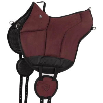 Reitpad Toledo aus Mikrofaser bordeaux Ein burgunderfarbener Haustiergeschirr mit gepolsterten Abschnitten, Mesh-Details und verstellbaren Riemen, mit einem Logo eines Hundesilhouetten.