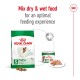 Royal Canin mini adult dog food packaging with dry kibble, a can of wet food, and a plate of wet food, promoting mixing for optimal feeding.