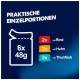 Bild mit deutschem Text 'PRAKTISCHE EINZELPORTIONEN', Beutel-Icon mit der Aufschrift '6x 48 g' und Labels '2x mit Rind', '2x mit Huhn', '2x mit Thunfisch'.