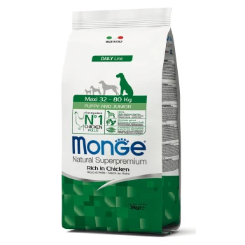 Tüte mit Monge Natural Superpremium Hundefutter, 3kg, mit der Aufschrift 'Reich an Huhn', geeignet für Welpen und Junghunde, mit einem grün-weißen Design.