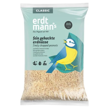 Erdtmann's Classic fein gehackte Erdnüsse für Vögel, mit blau-gelber Vogelillustration auf hellblauer Verpackung.