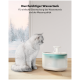 Eine flauschige graue Katze sitzt neben einem modernen Haustier-Wasserbrunnen mit einem klaren Tank und fließendem Auslauf. Der Text darüber spricht über Wasserüberwachung.
