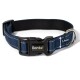 Blaues Haustierhalsband mit einer schwarzen Schnalle, mit einem silbernen D-Ring und einem Etikett, das "lionto®" und eine Messung von 2,5 cm zeigt.