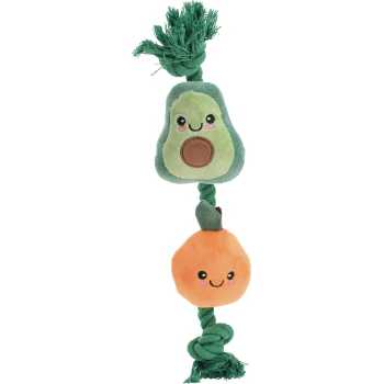 Plush avocado and orange toy with smiling faces attached to a green knotted rope, pet chew toy.