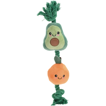 Plüsch-Avocado- und Orangen-Spielzeug mit lächelnden Gesichtern, befestigt an einem grünen geknoteten Seil, Kauspielzeug für Haustiere.