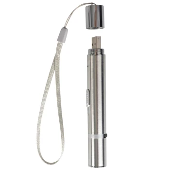 duvoplus 7 in 1 Laser silber Ein silbernes USB-Haustierpflegewerkzeug mit einer Kappe, mit einem Knopf an der Seite und einer Schlaufe zur Befestigung, entworfen für einfache Handhabung.