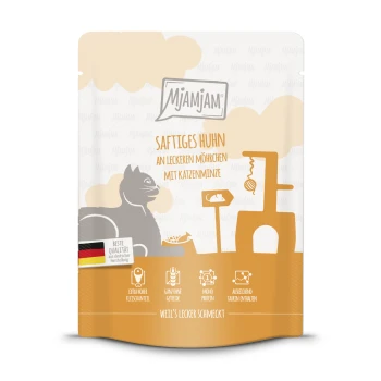 Nassfutter Katze Adult, Quetschie 6x300 g Huhn und Möhrchen Mjamjam Katzenfutterbeutel mit 'Saftiges Huhn an leckeren Möhrchen mit Katzenminze', mit einer verspielten Katzen-Grafik und Qualitätssiegel.