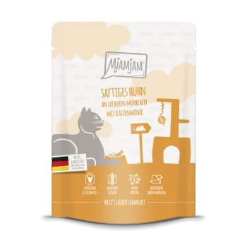 Pochette de nourriture pour chat Mjamjam présentant "Saftiges Huhn an leckeren Möhrchen mit Katzenminze," avec un graphique de chat ludique et un sceau de qualité.