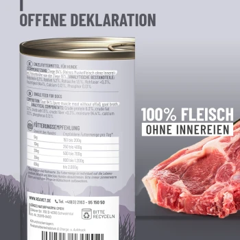 Hunde Nassfutter - Ziege PUR Dosen von REAVET ZIEGE PUR hypoallergenem Hundefutter mit 100 % Ziegenmuskelfleisch, Einzelprotein, getreide- und zuckerfrei, 400g.
