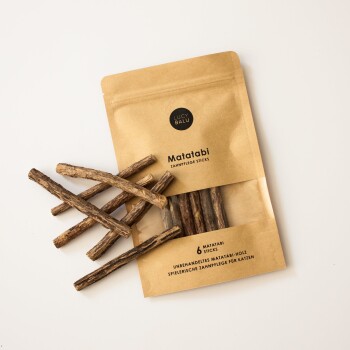 Matatabi-Zahnpflege-Sticks für Katzen in einer braunen Papiertüte, mit sechs Sticks, die neben der Verpackung angezeigt werden.