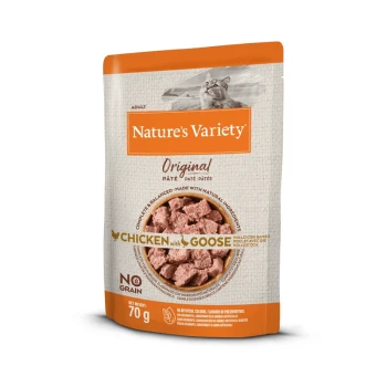 Natuur's Variëteit Original kattenvoer zakje met kip en gans, 70g, graanvrij, met een kattenafbeelding en een etiket met natuurlijke ingrediënten.