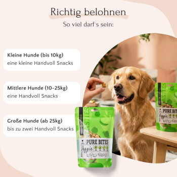 Tierfutterverpackung mit "Pure Bites Veggie" und Zutaten: Apfel, Buchweizen, Kokosnuss und Kurkuma, die gesundheitliche Vorteile hervorhebt.