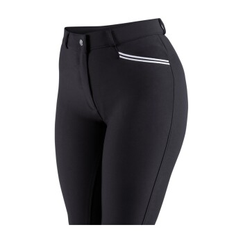 Schwarze enganliegende Hose mit einem eleganten Design, mit einem weißen Streifen auf der Tasche und einem Knopfverschluss an der Taille.