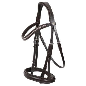 Braunes Leder-Ha harness mit dekorativen Strasssteinen, mit verstellbaren Riemen und einem eleganten Design.