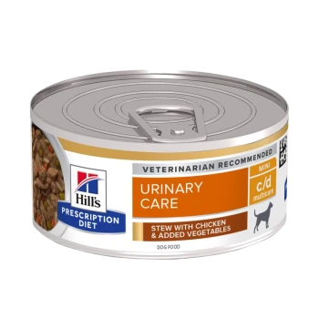 Hill's Prescription Diet Urinary Care hondenvoerblik, met een stoofpot met kip en toegevoegde groenten, gelabeld als door dierenartsen aanbevolen.