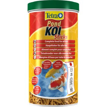 Tetra Pond Koi Sticks container featuring colorful koi fish on a blue water background, labeled as complete food for all Koi.