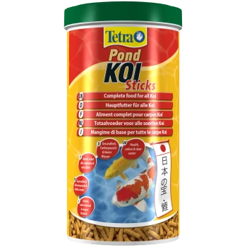 Tetra Pond Koi Sticks container featuring colorful koi fish on a blue water background, labeled as complete food for all Koi.