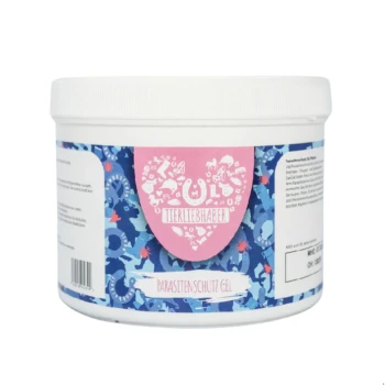 Behälter mit "ParasitenSchutz Gel" von Tierliebhaber, mit einem bunten Design und Tierikonen sowie einem rosa Herzlogo.