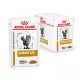 Royal Canin Veterinary Urinary S/O Katzenfutterbeutel, mit einem Katzenbild, beschriftet mit "Stücke in Soße" und "Veterinär" auf der Verpackung.