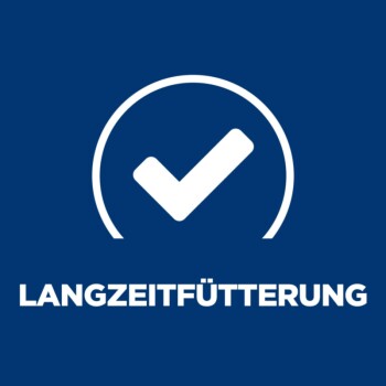Blauer Hintergrund mit einem weißen Häkchen in einem Kreis und dem Text "LANGZEITFÜTTERUNG" darunter.