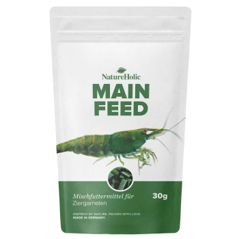 NatureHolic MAIN FEED 30 g Beutel mit grünem Garnelenbild; sichtbarer Text „Mischfuttermittel für Ziergarnelen“