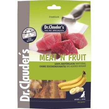 Meat`n Fruit Banane & Hühnchen Snack 80g Die Verpackung von Dr. Clauder's Meat 'n' Fruit Haustierfutter zeigt rohe Fleischwürfel, Bananen und Etiketten mit den Angaben '100% natürlich' und 'kein Zucker hinzugefügt.'