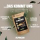 Verpackung des "Ulmenrinde"-Pulvers für Hunde und Katzen von Alphazoo, mit Text über natürliche Magenberuhigung und umweltfreundlicher Verpackung.