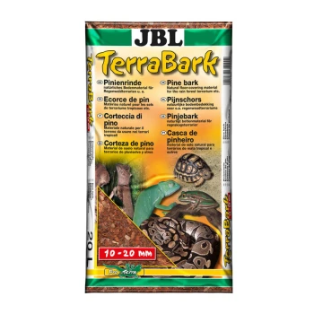 JBL TerraBark Tasche mit Kiefernrinde als Substrat für tropische Terrarien, mit Bildern von Reptilien und Text in mehreren Sprachen.