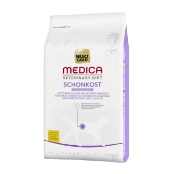 Select Gold Medica Veterinary Diet Schonkost, fettfreies gastrointestinales Hundefutter, 10 kg Sack, mit mehrsprachigen diätetischen Angaben.