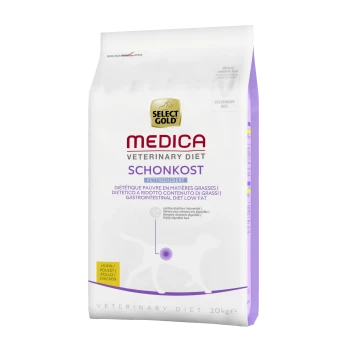 Select Gold Medica Veterinary Diet Schonkost, fettfreies gastrointestinales Hundefutter, 10 kg Sack, mit mehrsprachigen diätetischen Angaben.